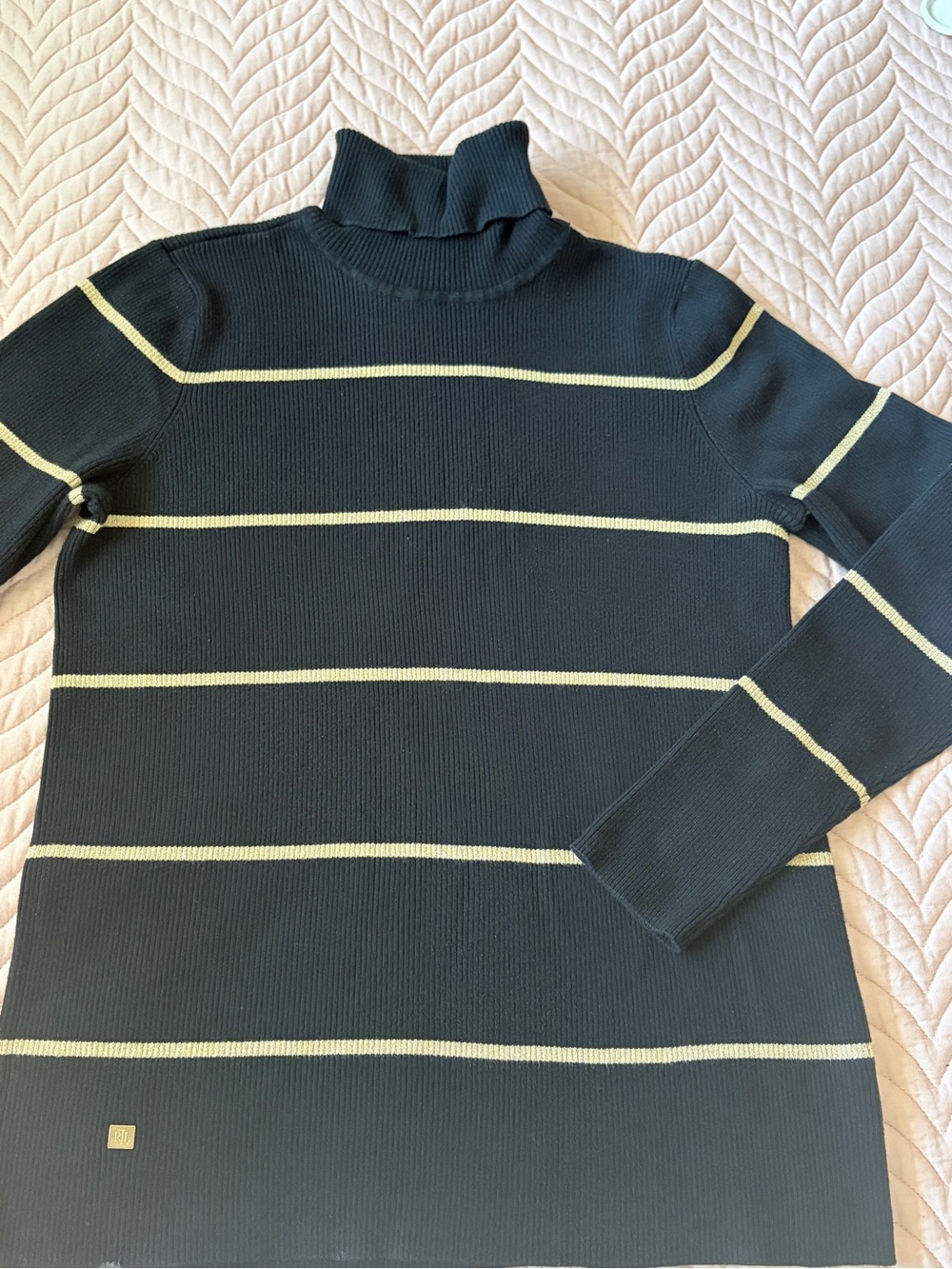 Lauren Ralph Lauren XL Black Gold Stripe Ribbed Turtleneck Cotton Modal Sweater